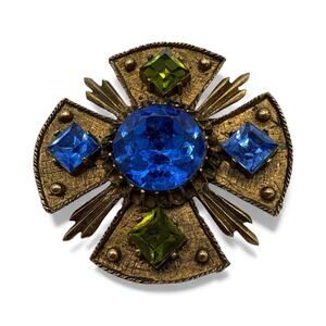 Vintage Dodds Maltese Cross Glass Brooch Pendant Blue and Green
